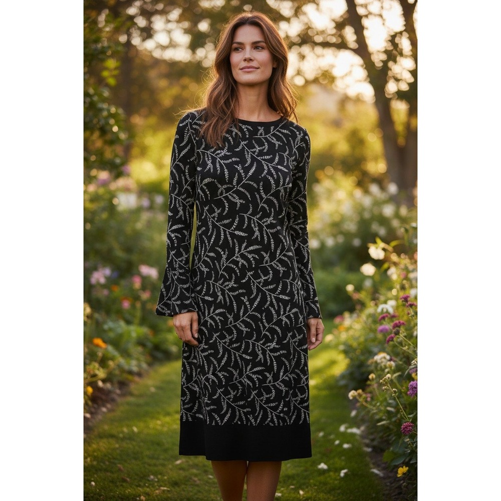 Michael Kors Black White Leaf Print Long Sleeve Shift Dress Size S